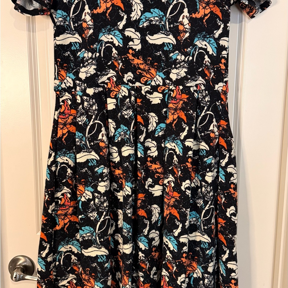 LuLaRoe Dress with Orange and Blue Leaf Pattern